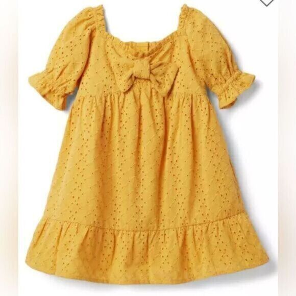 NWT Janie and Jack Girls Gold Eyelet Puff Sleeve Lined Dress Bow Detail- Size 5 - Picture 1 of 8